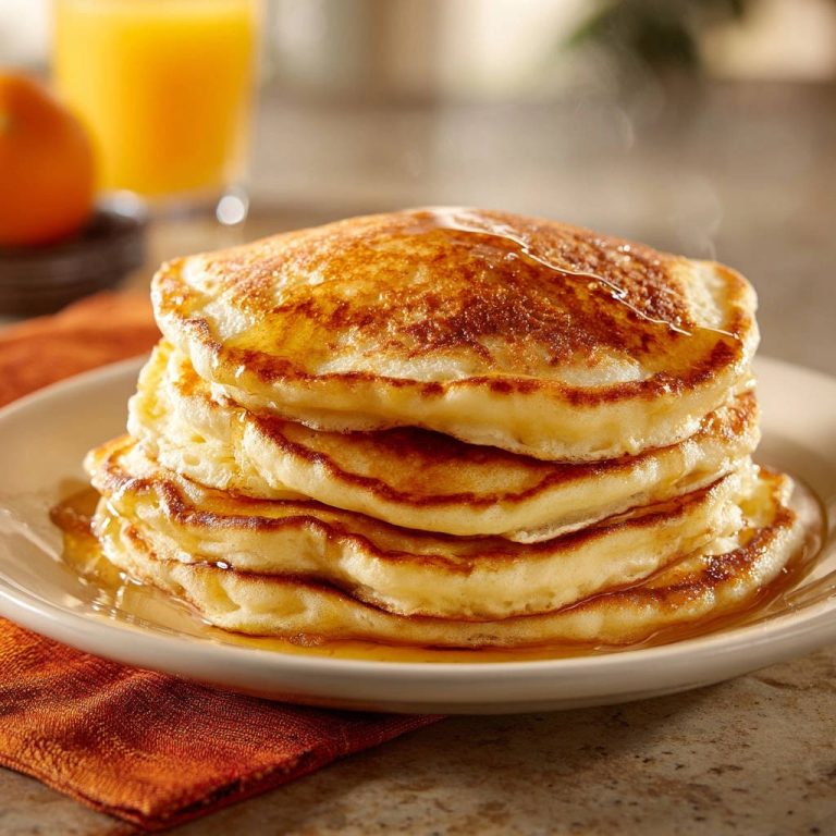 Klassische fluffige Pancakes mit Sirup übergossen, die auf einem Teller gestapelt sind und Dampf aufsteigen lassen.