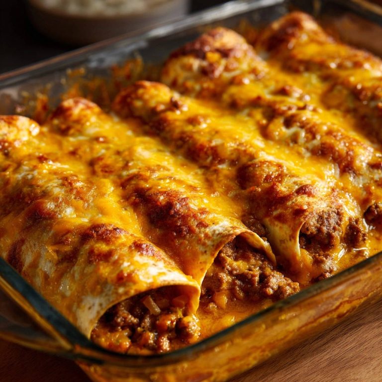 Klassische Hackfleisch-Enchiladas mit geschmolzenem Käse in einer Auflaufform, Nahaufnahme des saftigen Inneren
