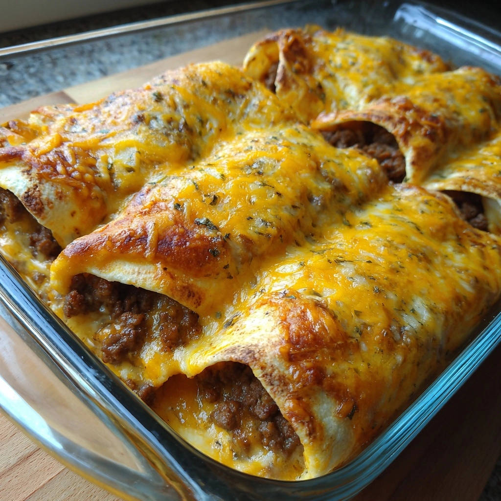 Klassische Hackfleisch-Enchiladas mit geschmolzenem Käse und Kräutern, nahaufnahme des saftigen Inneren