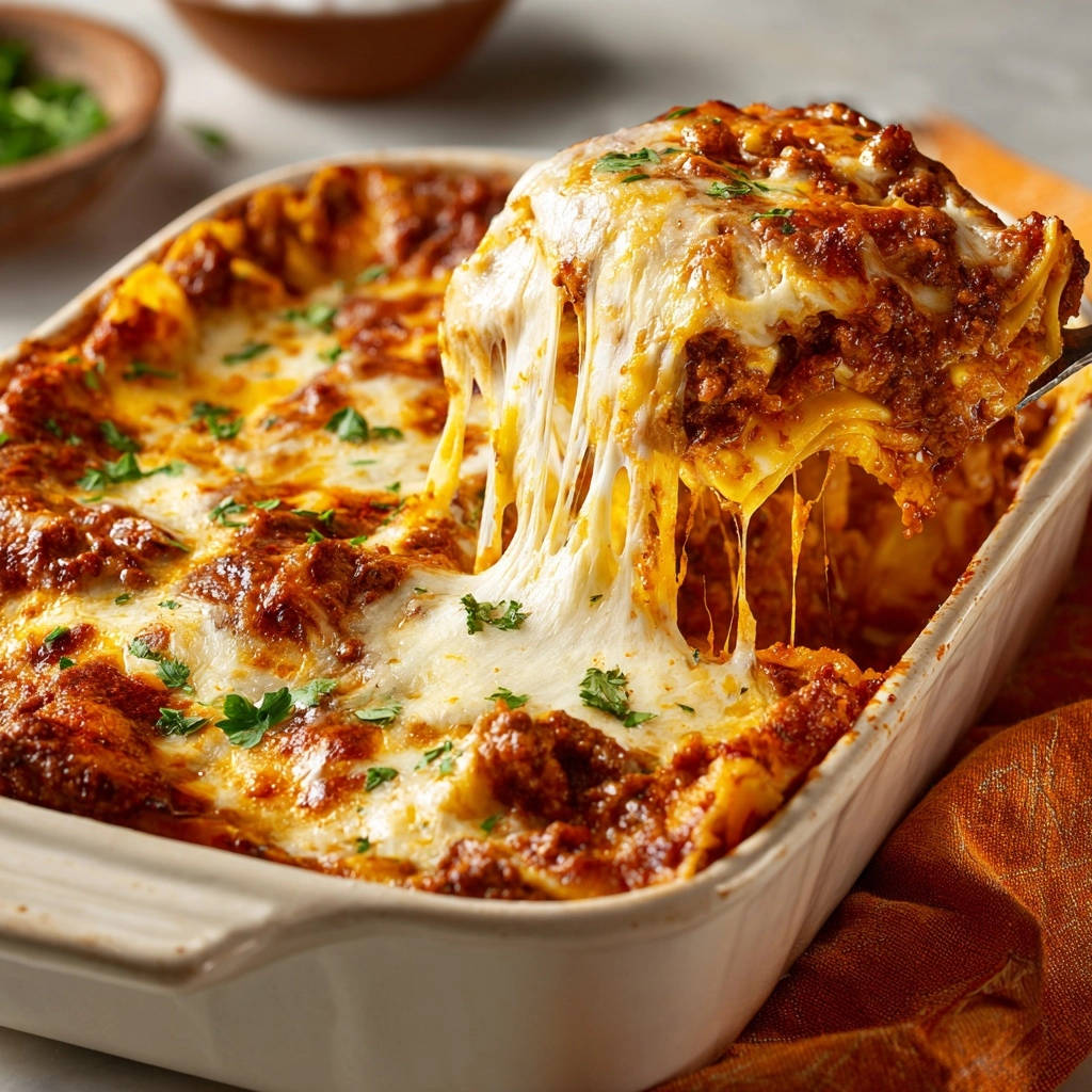 Klassische Lasagne Bolognese: Angehobene Portion mit geschmolzenem Käse, der Fäden zieht, zeigt die saftigen Schichten.