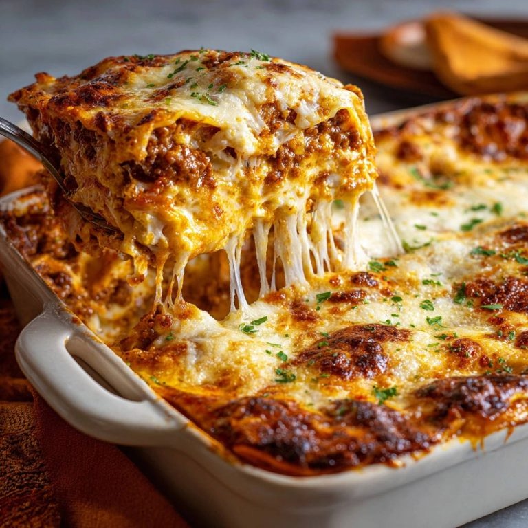 Klassische Lasagne Bolognese, eine Portion mit geschmolzenem Käse, der sich beim Anheben dehnt, mit Hackfleischsoße und Nudeln.