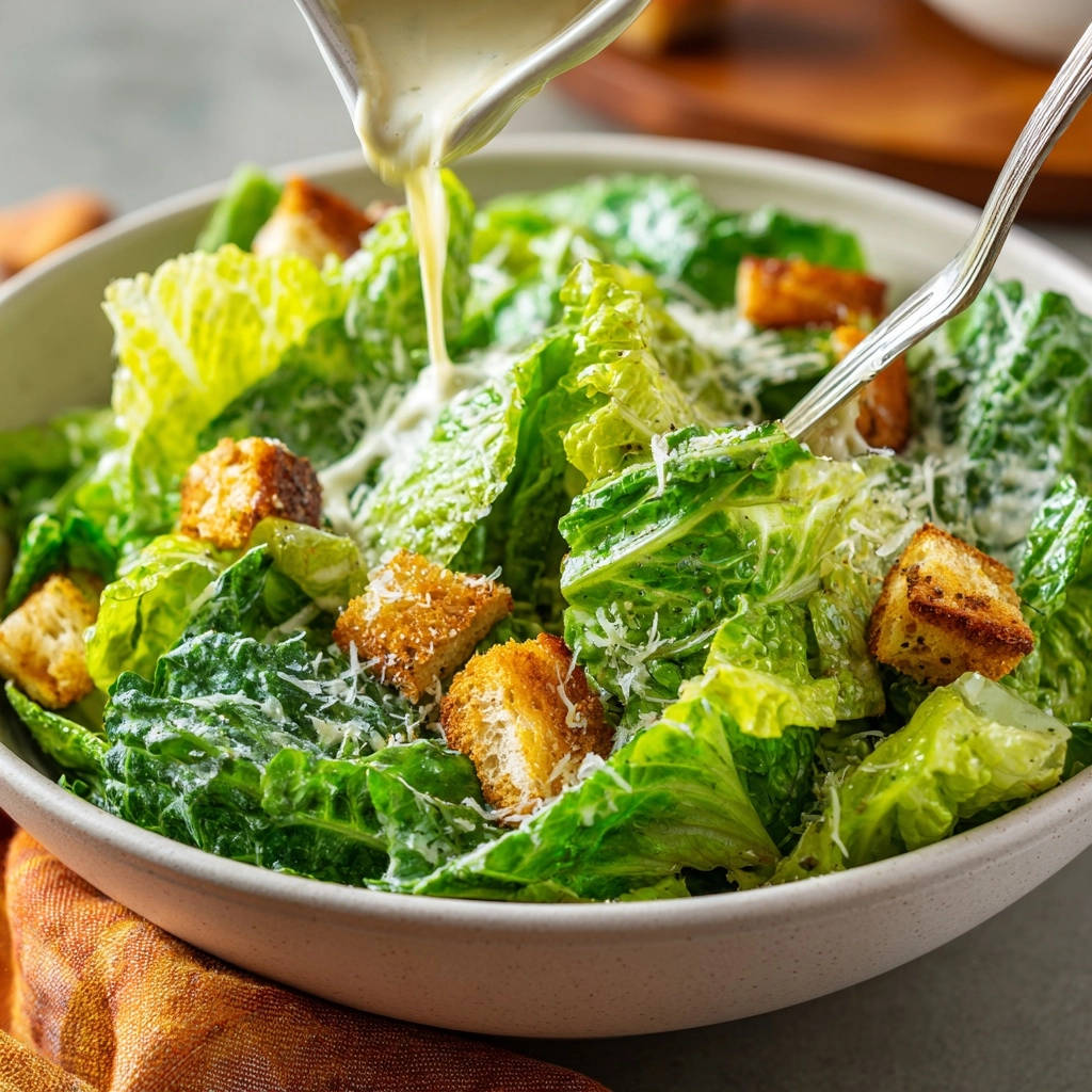 Klassischer Caesar Salat mit Dressing, das gerade über die knackigen Römersalatblätter und Croutons gegossen wird.