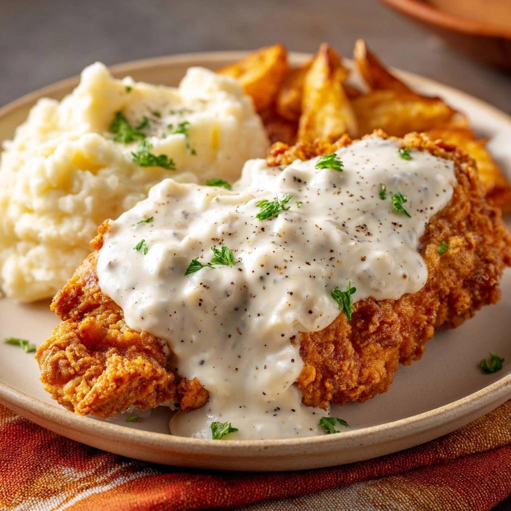 Knusprige Hähnchen-Schnitzel mit cremiger Pfeffersoße, serviert mit Kartoffelpüree und Kartoffelspalten auf einem Teller.