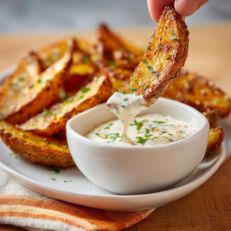 Knusprige Ofen-Wedges mit cremigem Kräuter-Dip, eine Kartoffelspalte wird in den Dip getaucht, Nahaufnahme