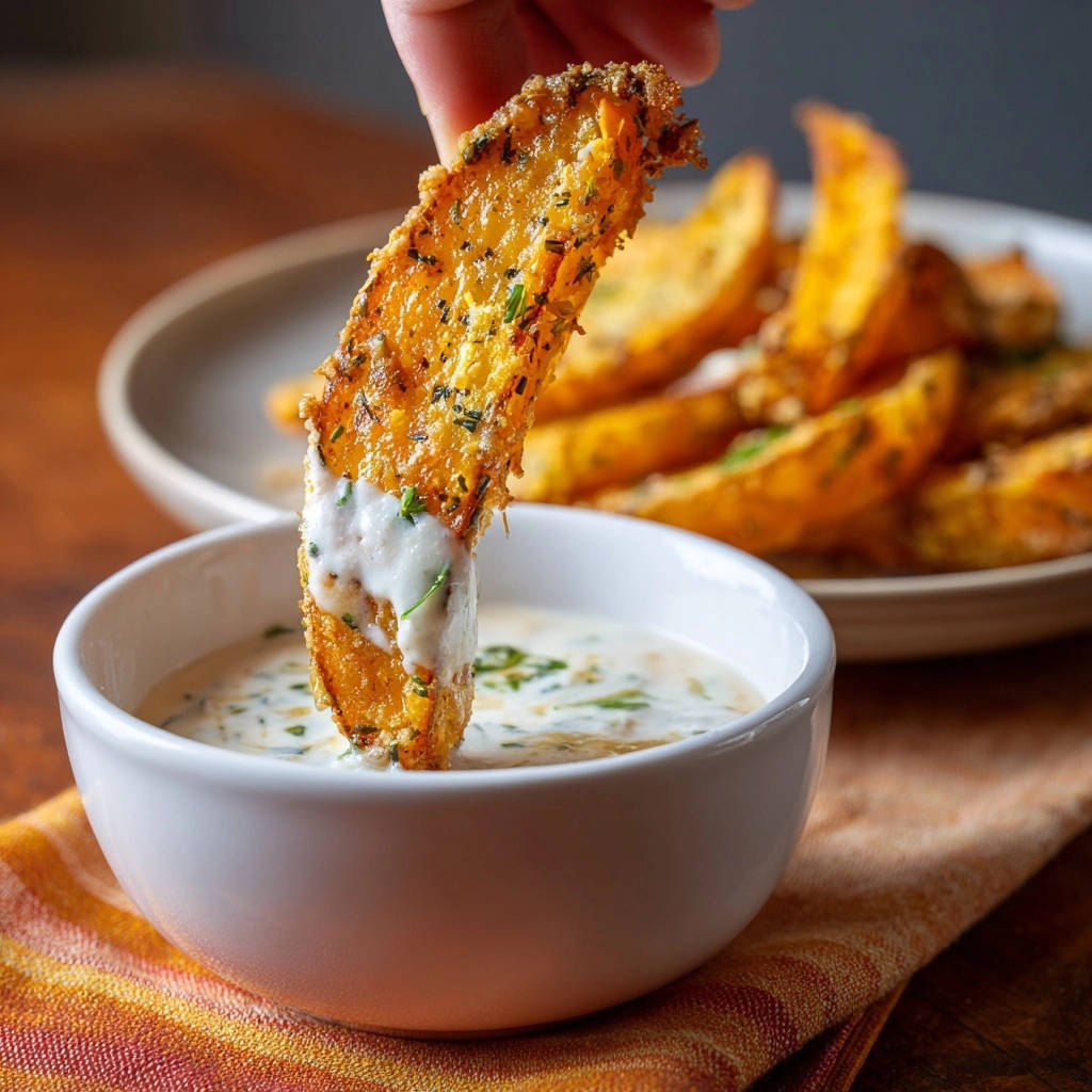 Knusprige Ofen-Wedges mit cremigem Kräuter-Dip, eine einzelne Kartoffel wird in den Dip eingetaucht.