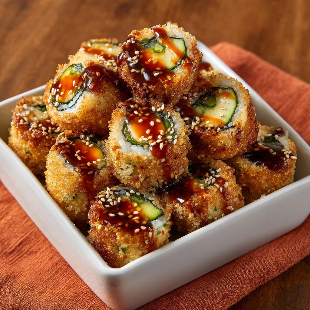 Knusprige Sushi-Rollen mit Glanzsosse und Sesam, detailreiche Nahaufnahme der frittierten Aussenfläche.