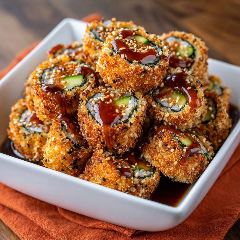 Knusprige Sushi-Rollen mit einer dunkelbraunen Glasur und Sesamsamen, Nahaufnahme des Details.