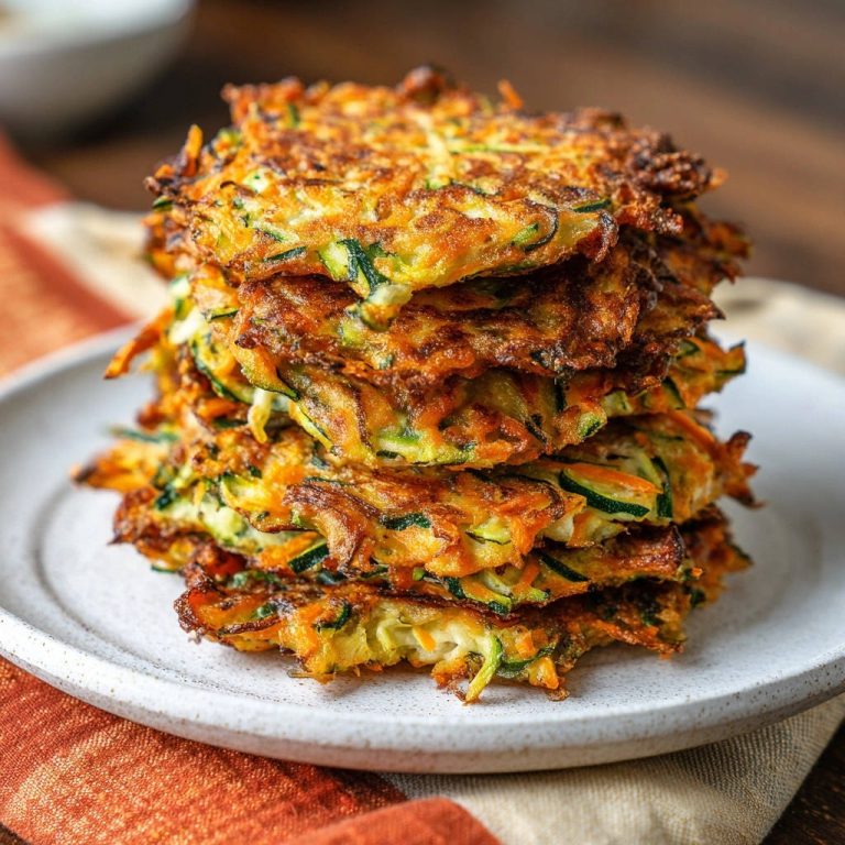 Knusprige Zucchinipuffer als Stapel nah aufgenommen, die goldbraune Textur und die grünen Zucchinifäden sind deutlich erkennbar.