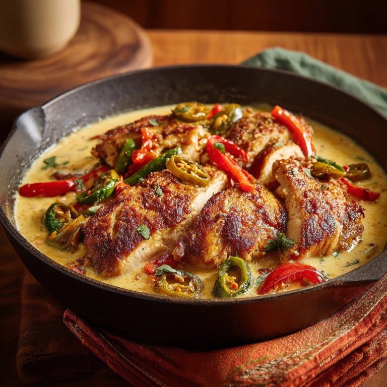 Knuspriges Hähnchen in cremiger Chili-Soße, angeschnitten und serviert in einer Gusseisenpfanne mit Jalapeños und roten Chilis.