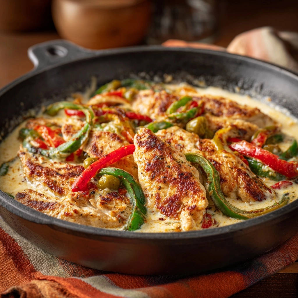 Knuspriges Hähnchen in cremiger Chili-Soße in einer schwarzen Pfanne mit Paprika und Oliven serviert.