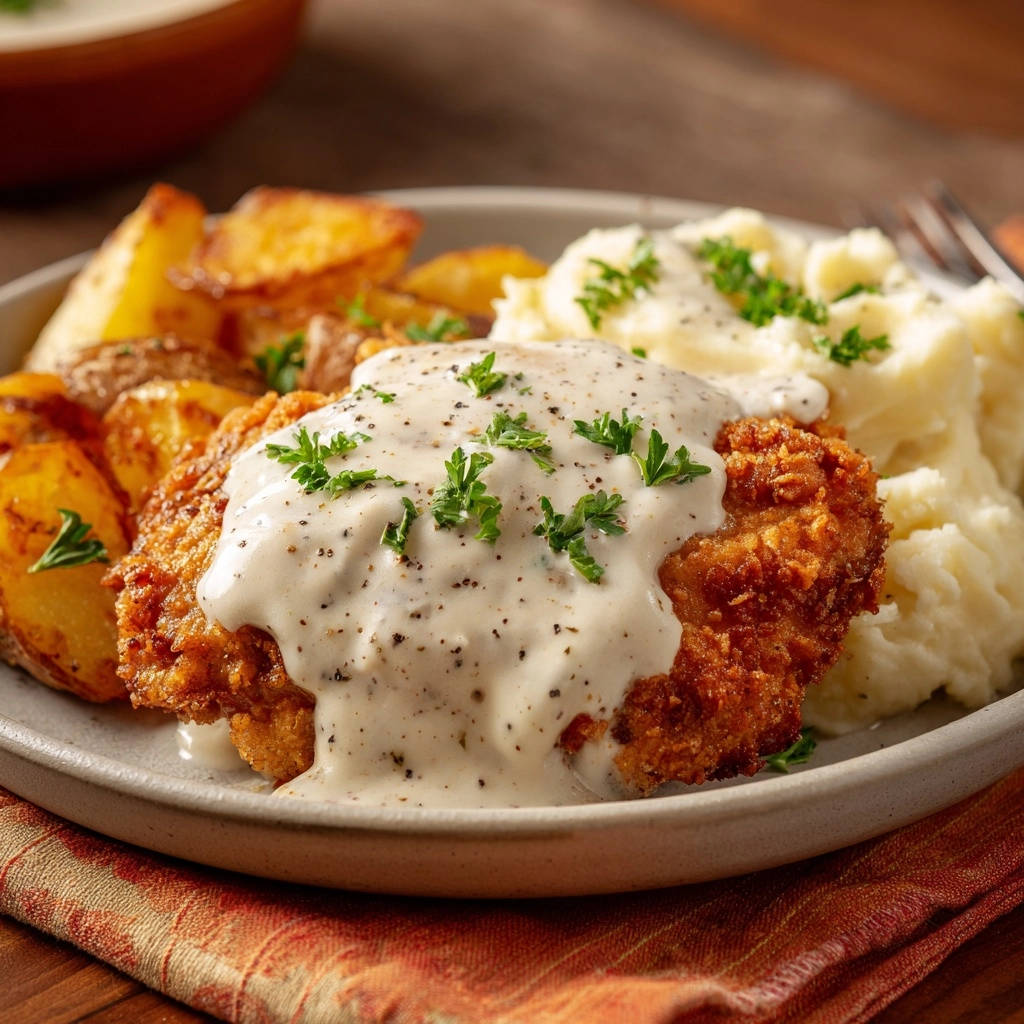Knuspriges Hähnchen-Schnitzel mit cremiger Pfeffersoße und Kartoffeln, serviert auf einem Teller mit Petersilie garniert.