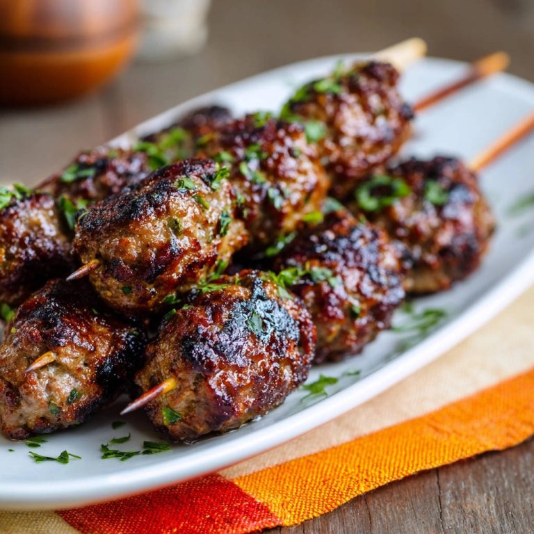 Saftige Kofta-Spieße vom Grill, garniert mit frischer Petersilie, auf einem weißen Teller präsentiert