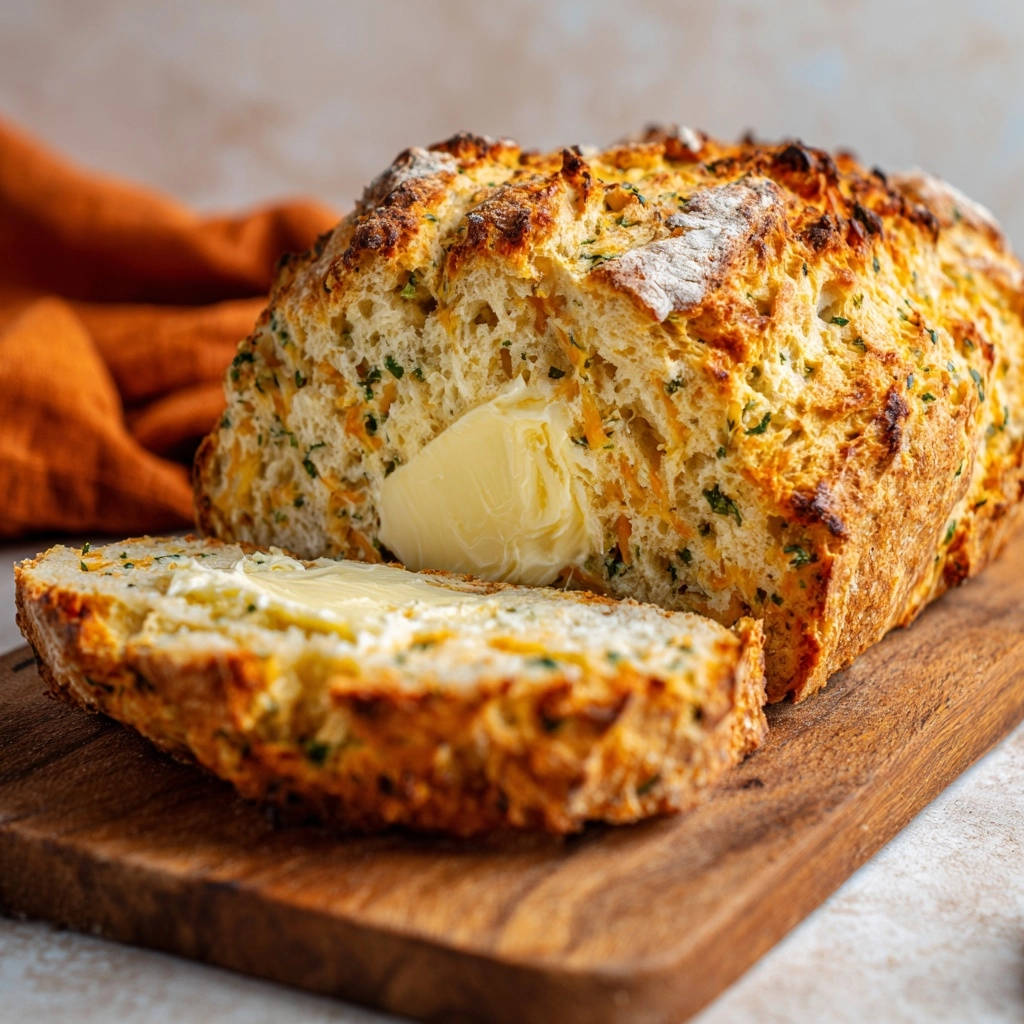 Kräuter-Butter-Brot angeschnitten mit einem Stück Butter, das in das Innere geschmolzen ist und die weiche Textur zeigt.
