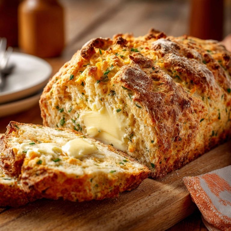 Kräuter-Butter-Brot angeschnitten mit einem Stück Butter, das auf dem Brot schmilzt und die saftige Innenseite zeigt.