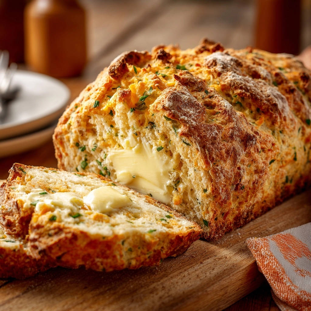 Kräuter-Butter-Brot angeschnitten mit einem Stück Butter, das auf dem Brot schmilzt und die saftige Innenseite zeigt.