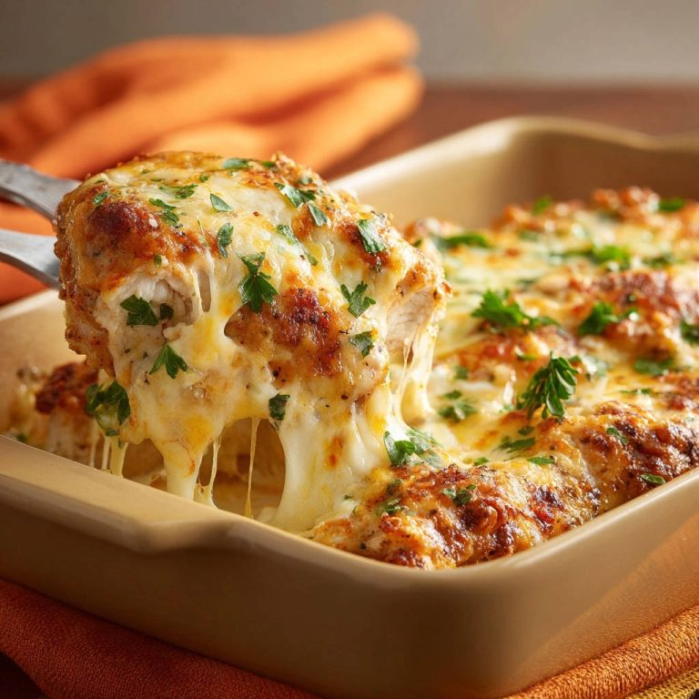 Überbackenes Kräuter-Hähnchen mit geschmolzenem Käse, der beim Anheben Fäden zieht