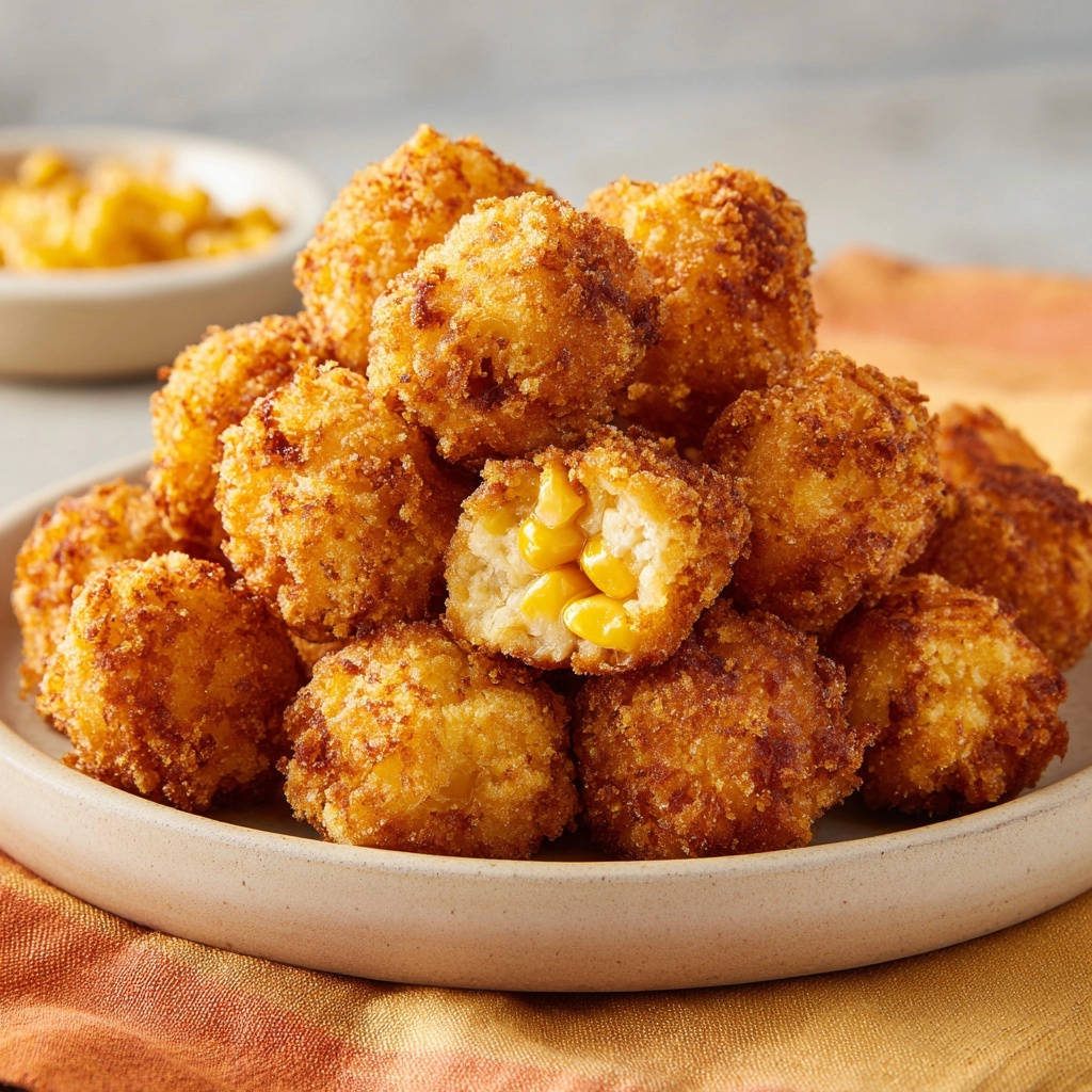 Knusprige Mais-Kroketten angeschnitten, die innen den zarten Mais und die weiche Füllung zeigen