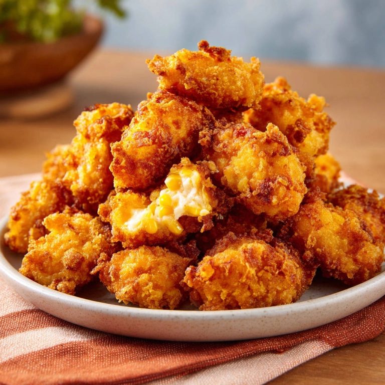 Knusprige Mais-Kroketten im Querschnitt, die innen zarten Mais und eine goldbraune Panade zeigen, nah aufgenommen.