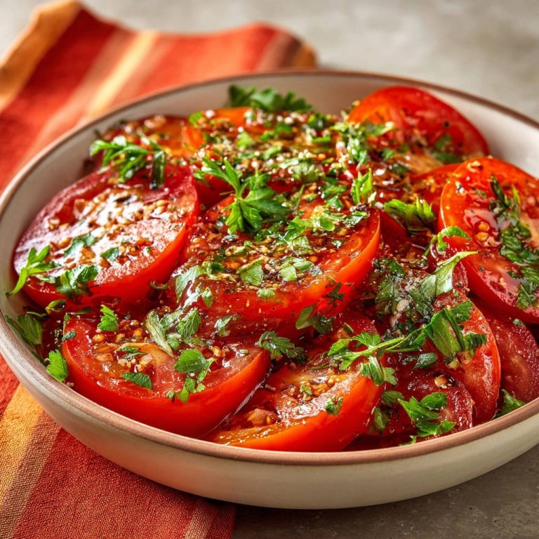 Mediterraner Tomatensalat mit Kräuter-Vinaigrette, reichlich mit frischer Petersilie und würzigem Dressing garniert.