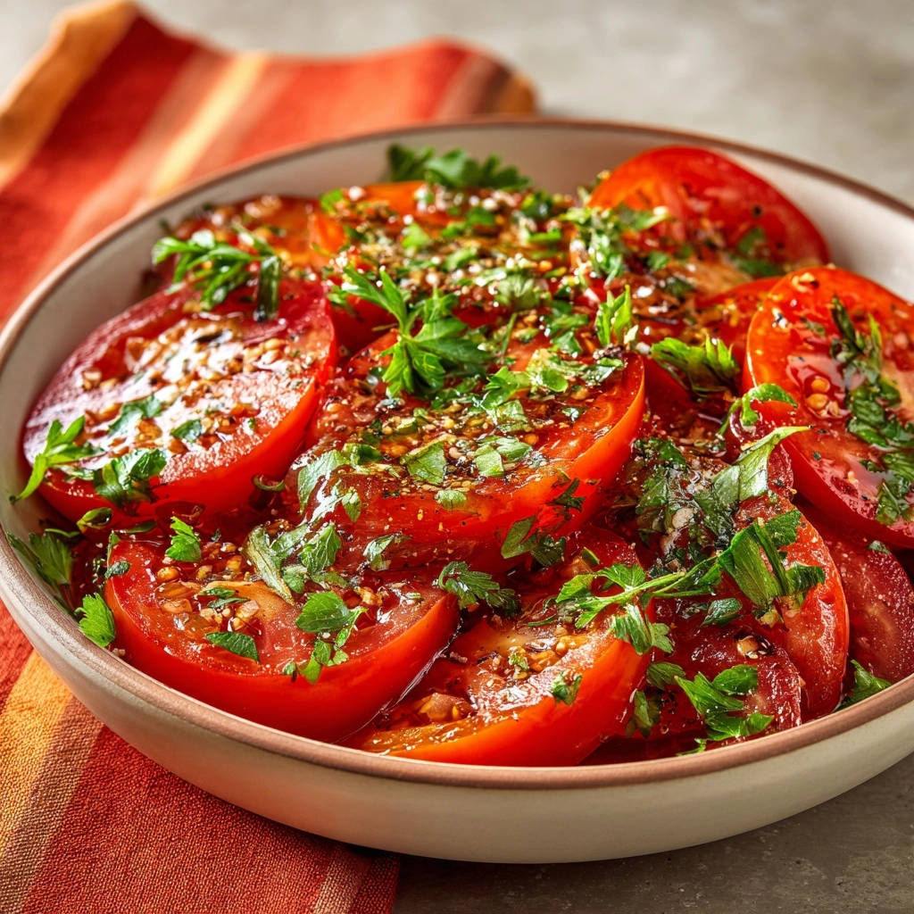 Mediterraner Tomatensalat mit Kräuter-Vinaigrette, reichlich mit frischer Petersilie und würzigem Dressing garniert.