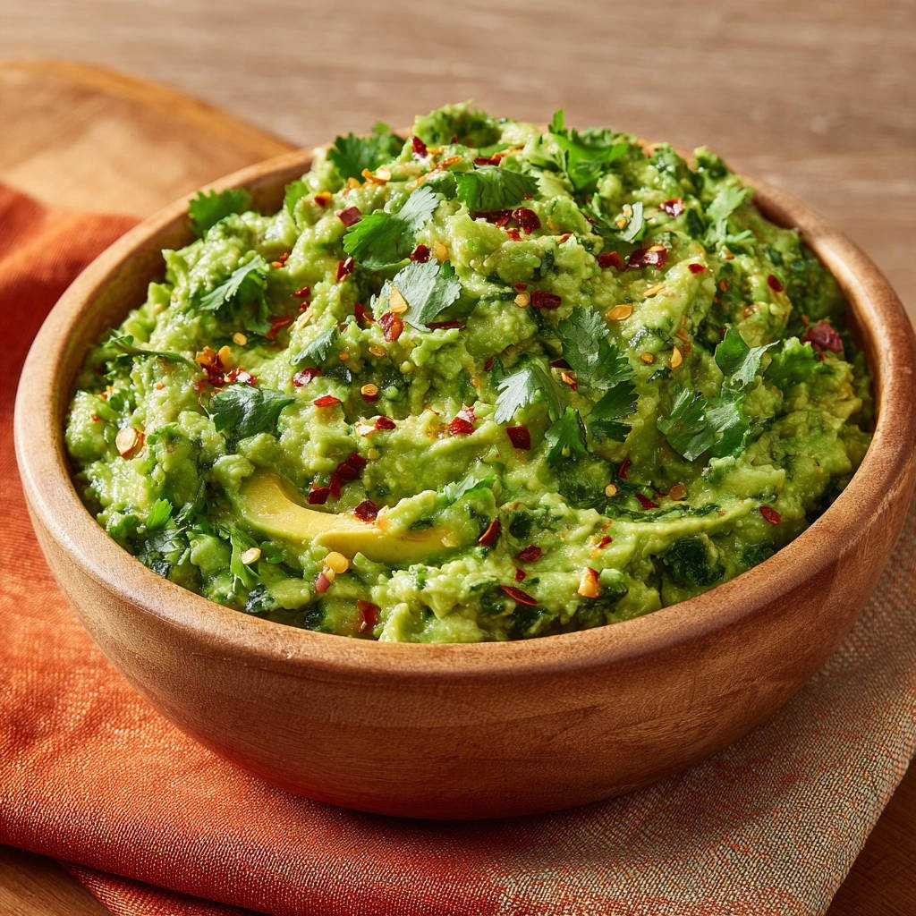Meine Geheim-Guacamole, garniert mit frischem Koriander und roten Chiliflocken in einer Holzschüssel