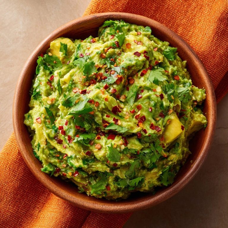 Meine Geheim-Guacamole, garniert mit frischem Koriander und roten Chiliflocken in einer Holzschale