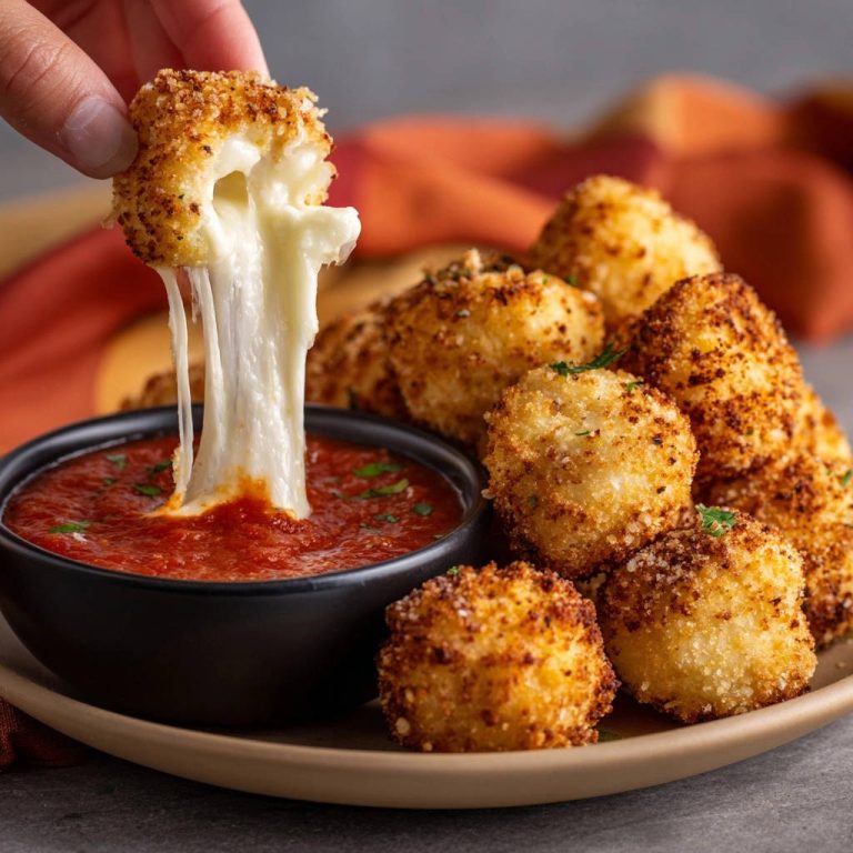 Goldbraune Mozzarella-Bällchen, die mit geschmolzenem Käse Fäden ziehen, werden in eine rote Sauce getunkt.