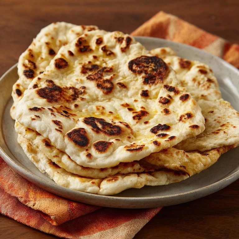 Naan-Brot wie aus dem Tandoor, fluffig und perfekt gebräunt, gestapelt auf einem Teller mit einem orangen Tuch.