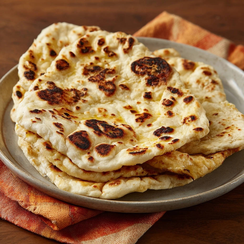 Naan-Brot wie aus dem Tandoor, fluffig und perfekt gebräunt, gestapelt auf einem Teller mit einem orangen Tuch.