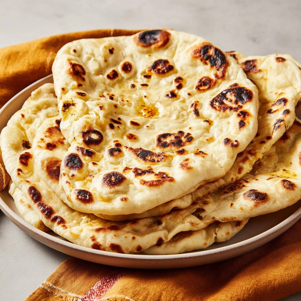Naan-Brot wie aus dem Tandoor, fluffig und perfekt gebräunt, gestapelt auf einem Teller mit einem orangen Tuch.