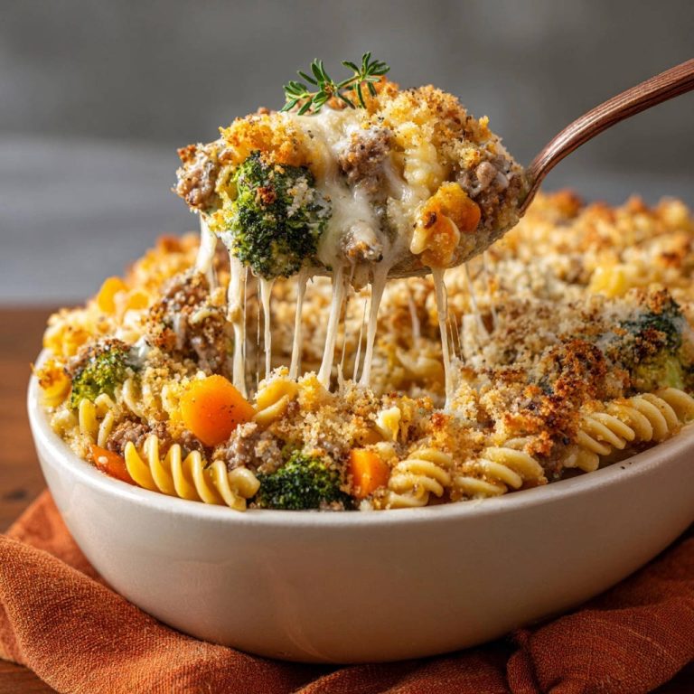 Herzhafter Nudel-Hackfleisch-Gratin mit Käsefäden, die von einem Löffel herunterhängen, aus dem Auflauf.