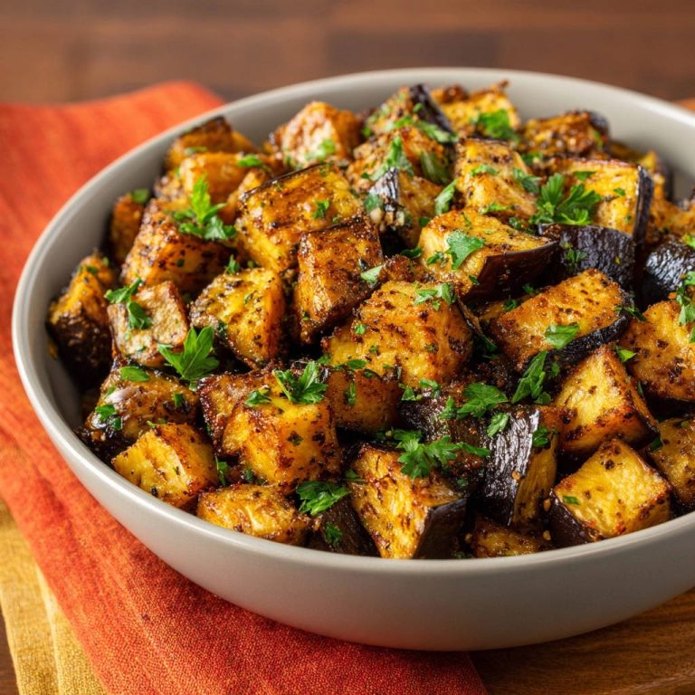 Goldbraune Ofen-Aubergine als Nahaufnahme mit frischer Petersilie garniert in einer Schüssel.