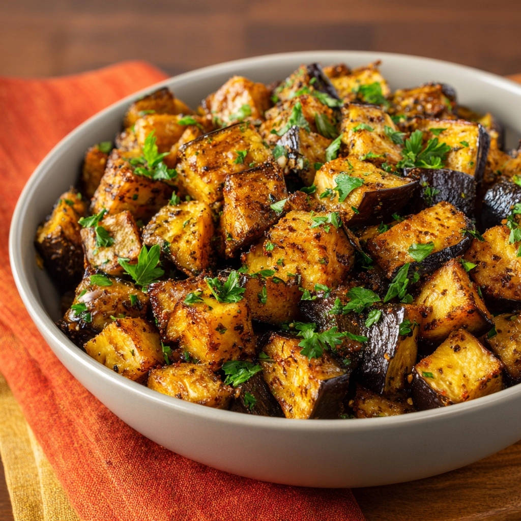 Goldbraune Ofen-Aubergine als Nahaufnahme mit frischer Petersilie garniert in einer Schüssel.