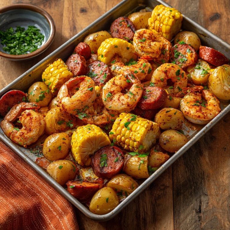 Ofenblech-Fest mit Garnelen und Wurst, nahaufnahme der gebratenen Garnelen, Chorizo, Kartoffeln und Mais auf einem Backblech.