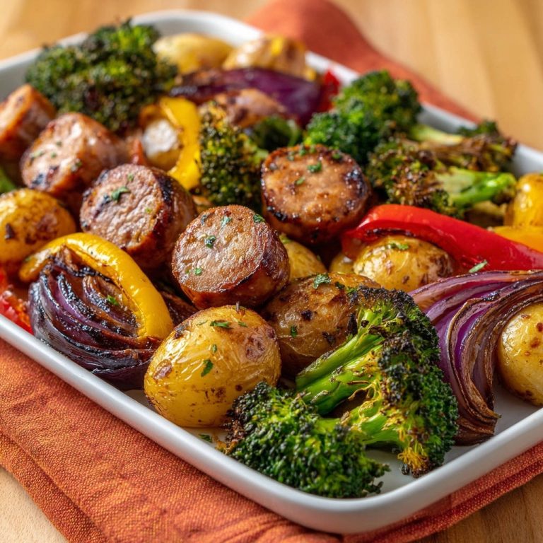 Herzhaftes Ofenblech mit Würstchen und Gemüse als Nahaufnahme, mit gebratenen Kartoffeln, Brokkoli und Paprika.
