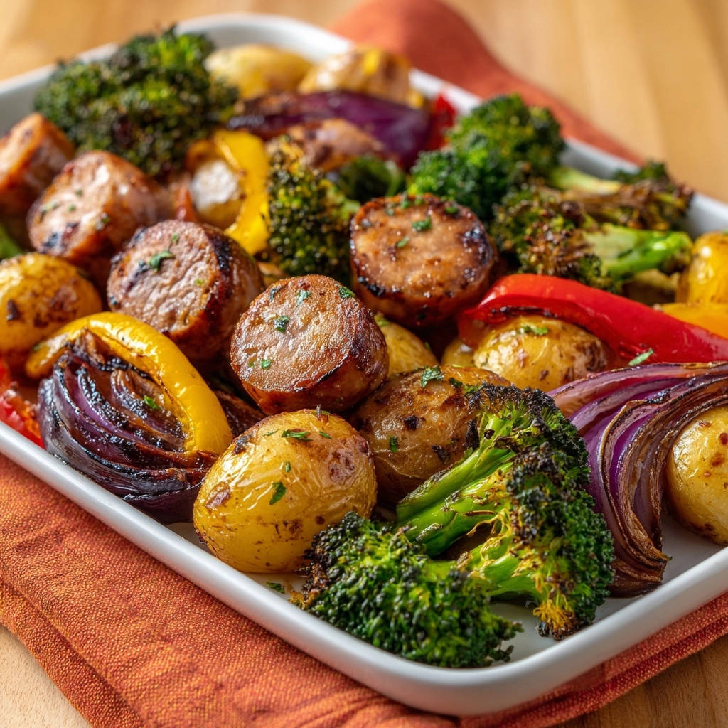 Herzhaftes Ofenblech mit Würstchen und Gemüse als Nahaufnahme, mit gebratenen Kartoffeln, Brokkoli und Paprika.