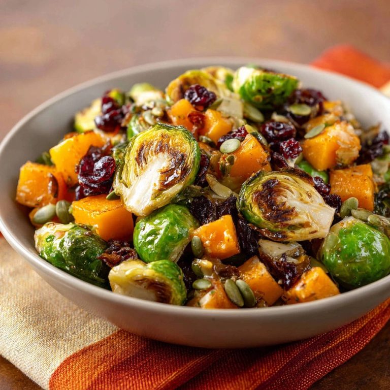 Farbenfrohes Ofengemüse mit gerösteten Rosenkohlröschen, Kürbiswürfeln und Cranberries in einer Schüssel, Nahaufnahme.