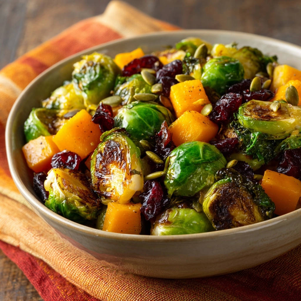 Farbenfrohes Ofengemüse mit Kürbis, Rosenkohl und Cranberries als Nahaufnahme mit Kürbiskernen und sichtbarem Glanz