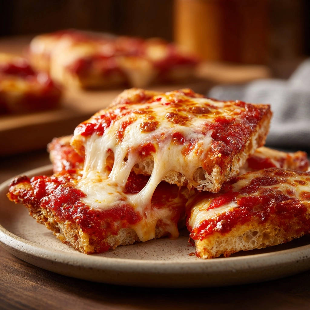 Herrlich knusprige Pfannenpizza mit verlockenden Käsefäden, nahaufnahme des geschmolzenen Käses und der Sauce.
