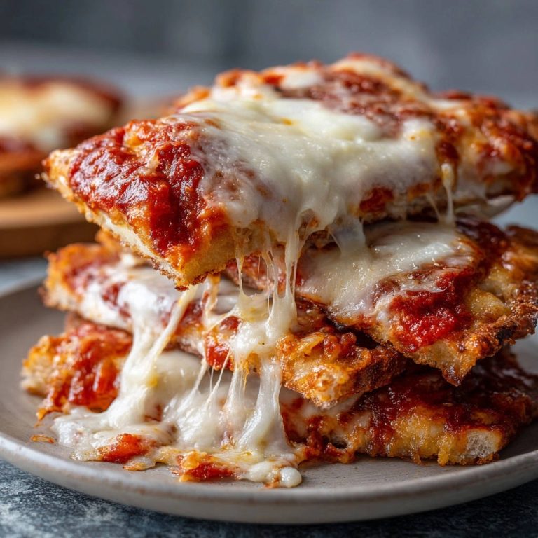 Herrlich knusprige Pfannenpizza mit verlockenden Käsefäden, gestapelt auf einem Teller in Nahaufnahme.