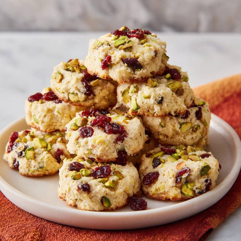 Pistazien-Cranberry-Kekse als Stapel auf einem Teller nahaufnahme mit sichtbaren Cranberries und Pistazienstückchen.