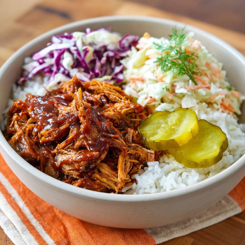 Saftige Pulled Chicken Bowl mit zweierlei Krautsalat, serviert mit zwei saftigen Gurkenscheiben in Nahaufnahme.