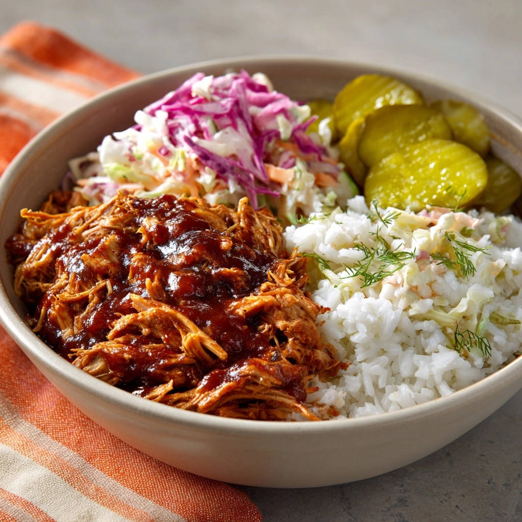 Saftige Pulled Chicken Bowl mit zweierlei Krautsalat, serviert mit Reis und Gurken in einer Nahaufnahme.
