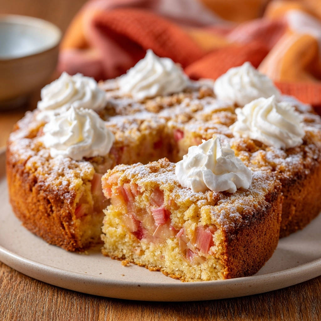 Rhabarber Streuselkuchen angeschnitten mit Sahnetuffs und Puderzucker bestäubt, zeigt die saftige Füllung.