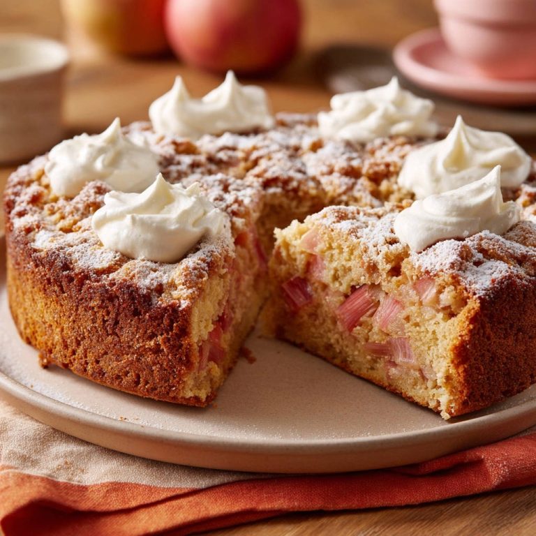 Rhabarber Streuselkuchen angeschnitten mit Sahnetupfern und Puderzucker bestäubt, zeigt saftige Rhabarberstücke im Inneren.