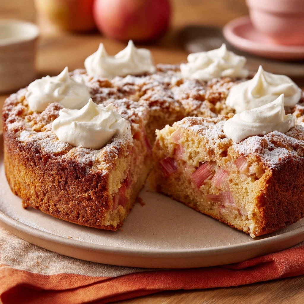Rhabarber Streuselkuchen angeschnitten mit Sahnetupfern und Puderzucker bestäubt, zeigt saftige Rhabarberstücke im Inneren.
