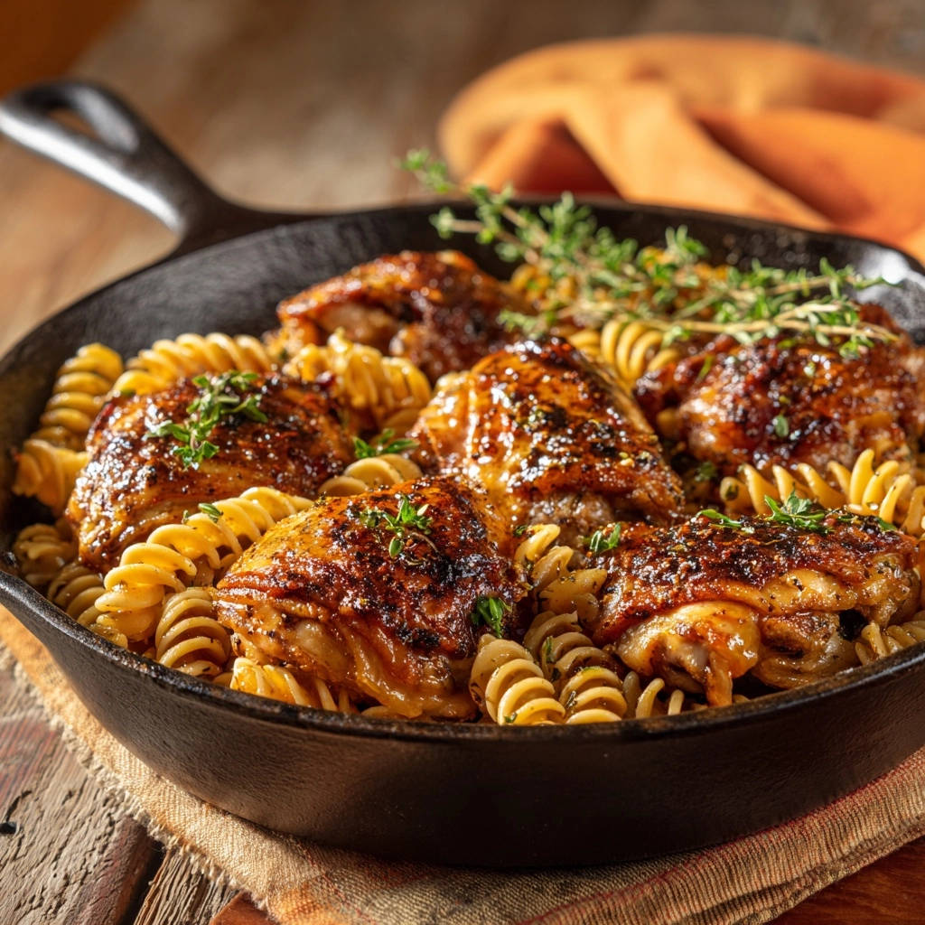 Saftige Hähnchenschenkel und One-Pan Fusilli in einer Gusseisenpfanne, garniert mit frischen Kräutern.