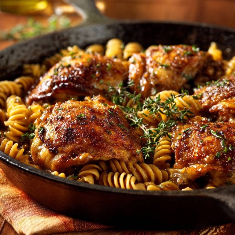 Saftige Hähnchenschenkel und One-Pan Fusilli in einer Gusseisenpfanne mit frischen Kräutern garniert