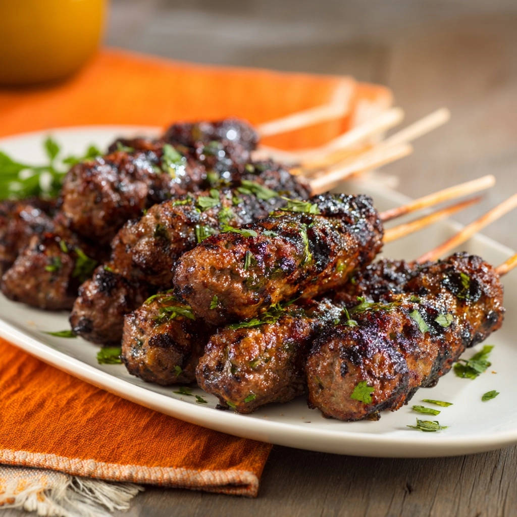 Saftige Kofta-Spieße vom Grill als Nahaufnahme mit frischer Petersilie garniert, die auf einem Teller angerichtet sind.