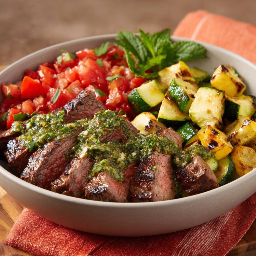 Saftige Steak-Bowl mit Chimichurri, Nahaufnahme der geschnittenen Steaks mit frischen Tomaten und gegrilltem Zucchini.